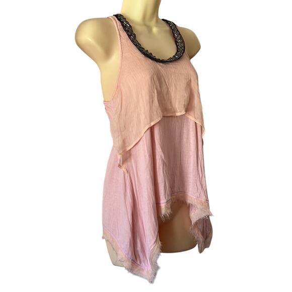 Pink Mixed Media Sleeveless Knit Top with Crinkle Chiffon and Beading Size M - Picture 2 of 10